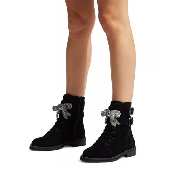 Kurt Geiger Sutton bow rhinestone suede combat boot black zip up shoe 37 40